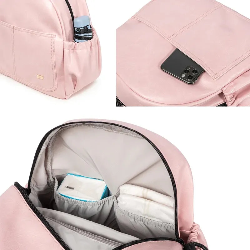 Sac à dos à langer effet cuir rose